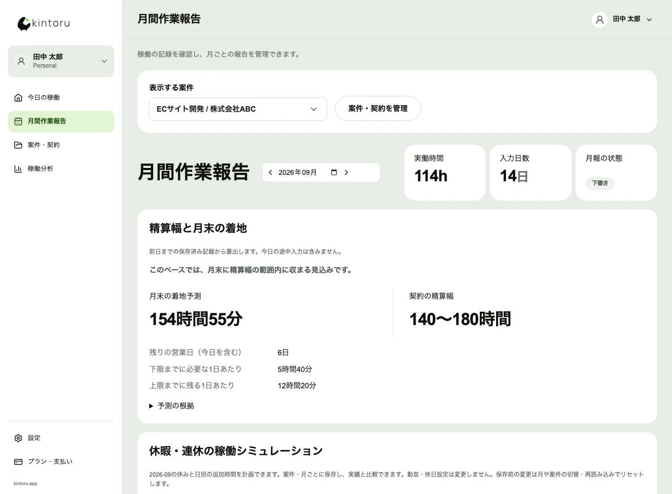Personalの月報の実際の操作画面。表示データはサンプルです